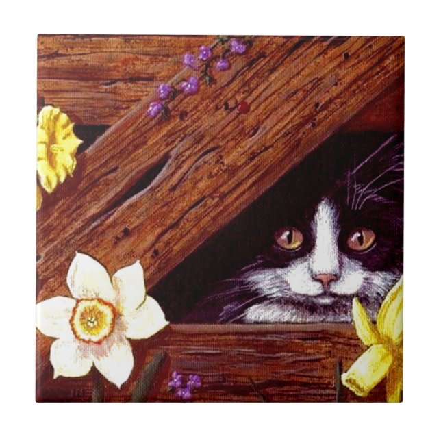 Tuxedo Cat Daffodils Art Creationarts Tile (Front)