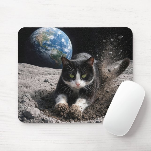 Tuxedo Cat Digging a Moon Crater Mouse Pad (With Mouse)