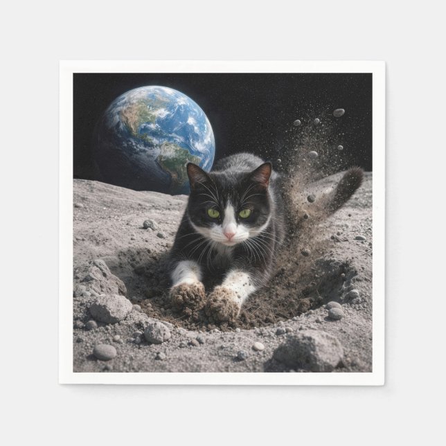 Tuxedo Cat Digging a Moon Crater Napkin (Front)