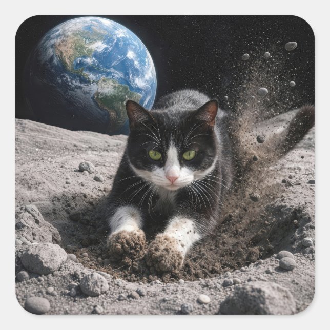 Tuxedo Cat Digging a Moon Crater Square Sticker (Front)