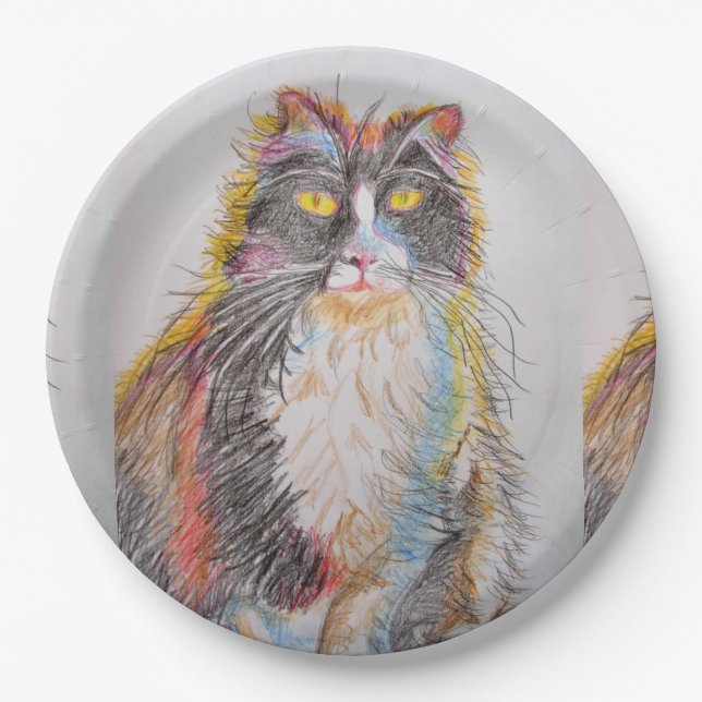 Tuxedo Cat Drawing art Birthday Party Paper Plate (Front)