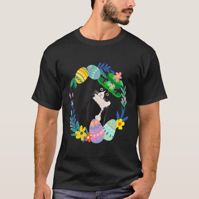 Tuxedo Cat Easter Eggs Bunny Hat T-Shirt (Front)