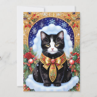 Tuxedo Cat Elegant Gold Frame Vintage Christmas  Holiday Card