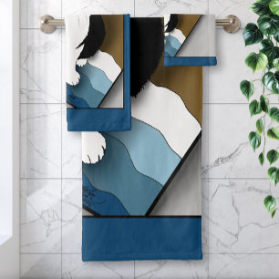Tuxedo Cat Funny Bathroom Privacy Blue Bath Towel Set