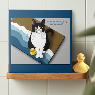 Tuxedo Cat Funny Bathroom Privacy Blue Ceramic Tile