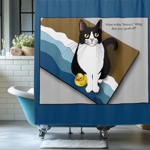Tuxedo Cat Funny Bathroom Privacy Blue Shower Curtain