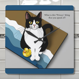 Tuxedo Cat Funny Bathroom Privacy Blue Square Wall Clock
