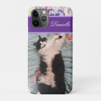 Tuxedo Cat Funny Cute doing a Happy Dance Purple