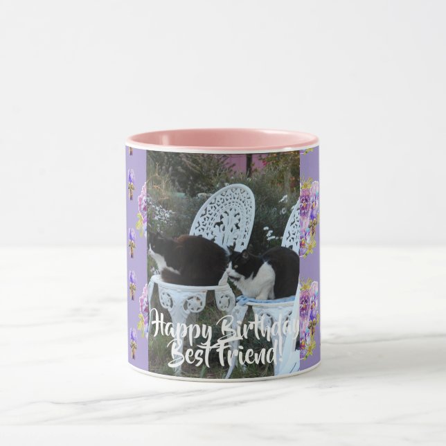 Tuxedo Cat Funny Happy Birthday Friend Mug Purple (Center)