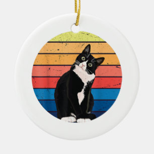 Tuxedo Cat Gift Retro Colors for Animal Lovers Ceramic Ornament