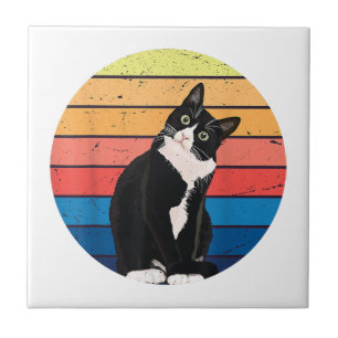 Tuxedo Cat Gift Retro Colours for Animal Lovers Ceramic Tile