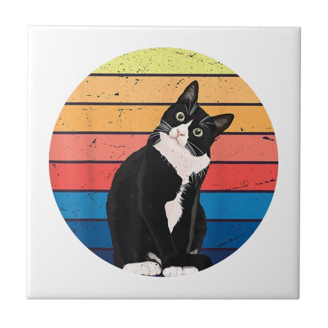 Tuxedo Cat Gift Retro Colours for Animal Lovers Ceramic Tile (Front)