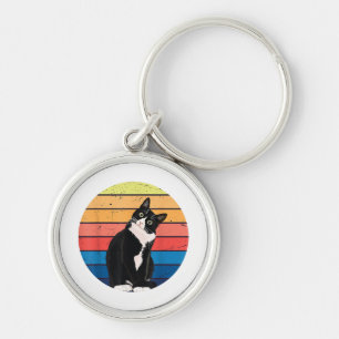 Tuxedo Cat Gift Retro Colours for Animal Lovers Key Ring