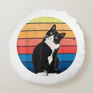 Tuxedo Cat Gift Retro Colours for Animal Lovers Round Cushion