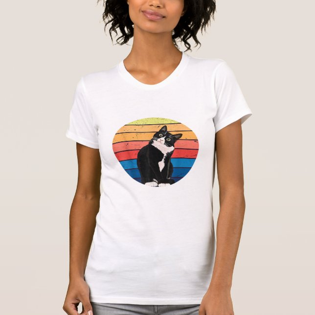 Tuxedo Cat Gift Retro Colours for Animal Lovers T-Shirt (Front)