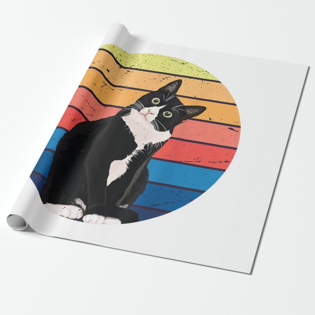 Tuxedo Cat Gift Retro Colours for Animal Lovers Wrapping Paper (Unrolled)