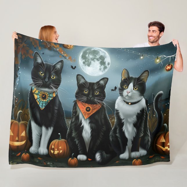 Tuxedo Cat Halloween Spooky Fleece Blanket (In Situ)