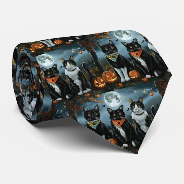 Tuxedo Cat Halloween Spooky Tie (Rolled)