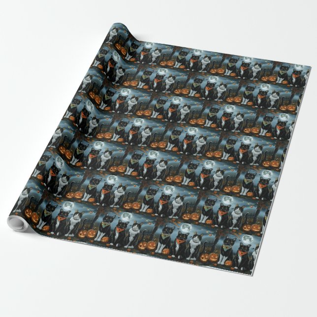 Tuxedo Cat Halloween Spooky Wrapping Paper (Unrolled)