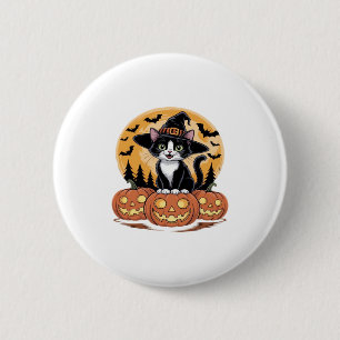 Tuxedo Cat Halloween Witch Cute Pumpkins Essential 6 Cm Round Badge