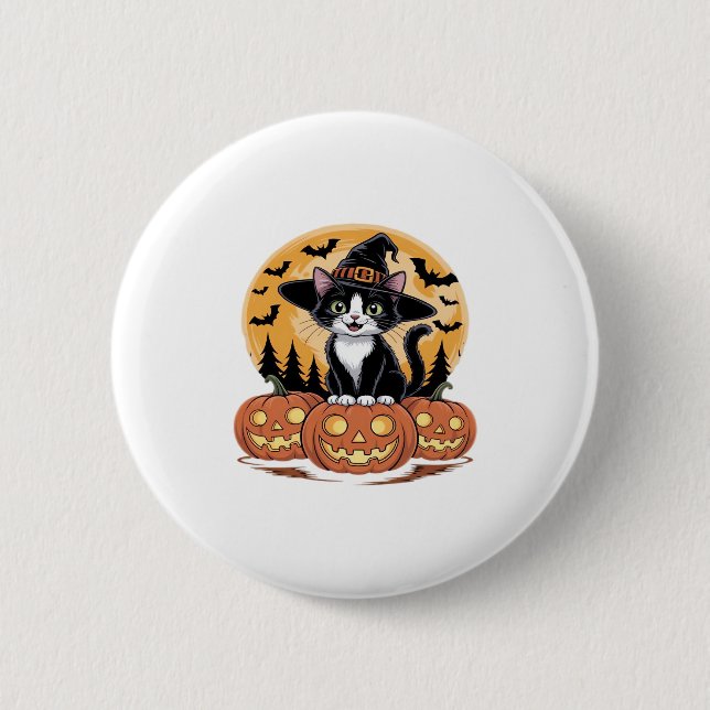 Tuxedo Cat Halloween Witch Cute Pumpkins Essential 6 Cm Round Badge (Front)