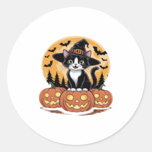 Tuxedo Cat Halloween Witch Cute Pumpkins Essential Classic Round Sticker