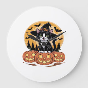 Tuxedo Cat Halloween Witch Cute Pumpkins Essential Large Clock
