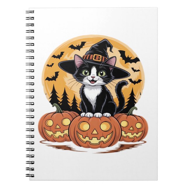 Tuxedo Cat Halloween Witch Cute Pumpkins Essential Notebook (Front)