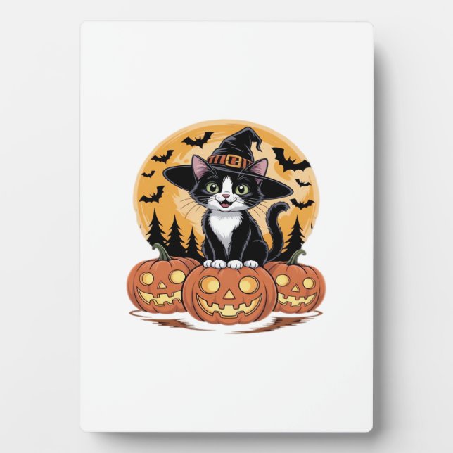 Tuxedo Cat Halloween Witch Cute Pumpkins Essential Plaque (Front)