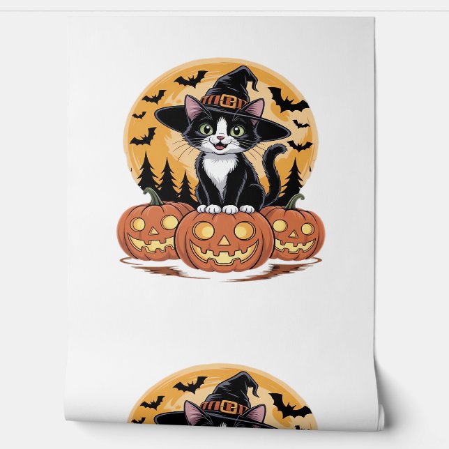 Tuxedo Cat Halloween Witch Cute Pumpkins Essential Wallpaper (Unrolling)