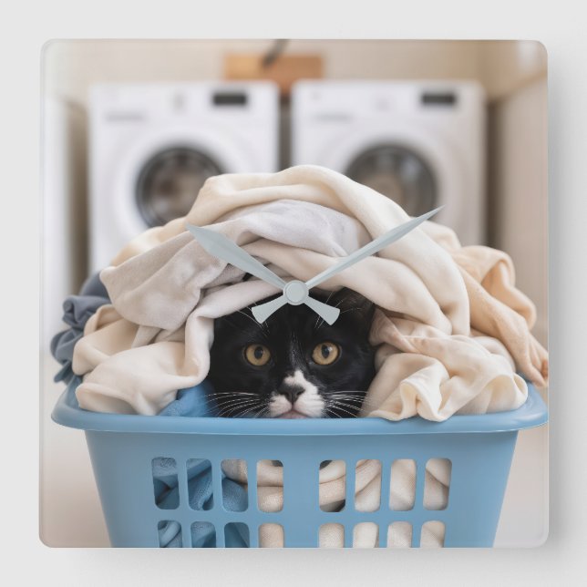 Tuxedo Cat Hiding in Laundry Basket Square Wall Clock (Front)