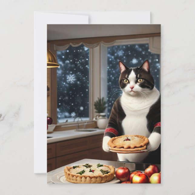 Tuxedo Cat Holding a Christmas Pie Holiday Card (Front)