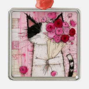 Tuxedo Cat Holding Pink Rose Bouquet Metal Ornament