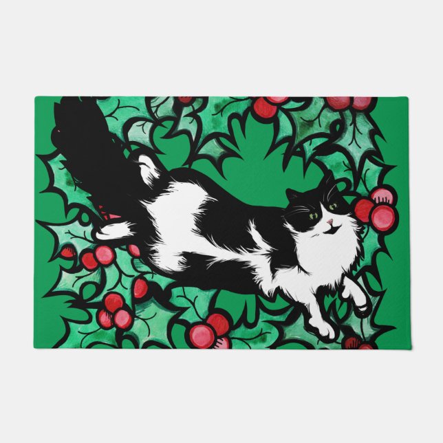 Tuxedo Cat Holly Yule Artwork Cats                 Doormat (Front)
