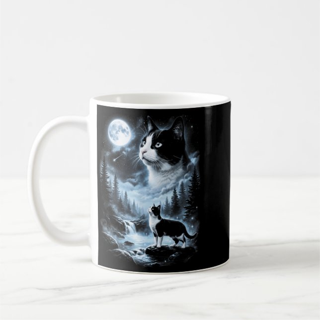 Tuxedo Cat Howling At Moon 90s Retro Coffee Mug (Left)