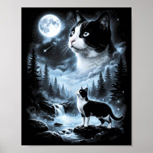 Tuxedo Cat Howling At Moon 90s Retro Poster