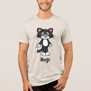 Tuxedo cat hugs tee shirt