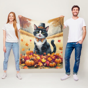 Tuxedo Cat In Autumn Leaves Thanksgiving Art Fleece Blanket