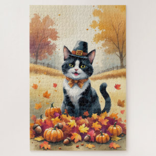 Tuxedo Cat In Autumn Leaves Thanksgiving Art Jigsaw Puzzle