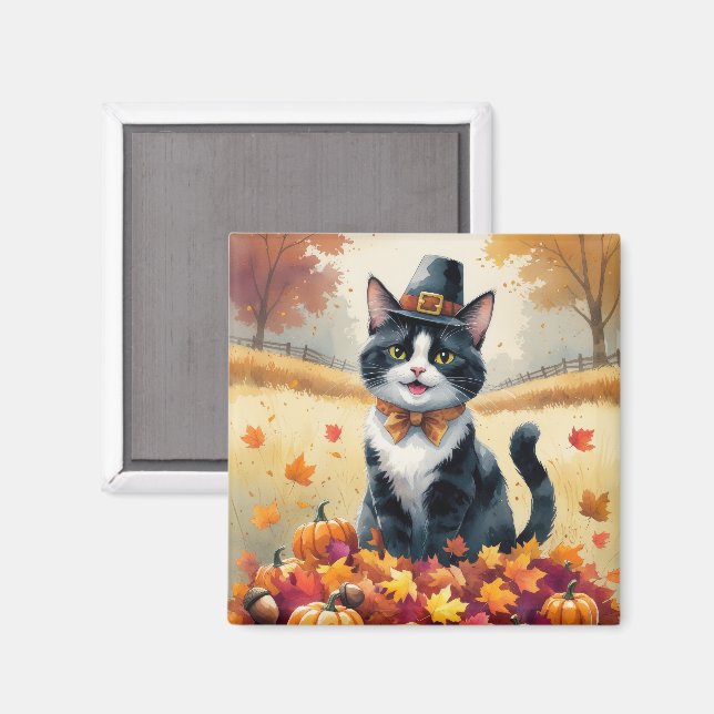 Tuxedo Cat In Autumn Leaves Thanksgiving Art Magnet (Front/Back)
