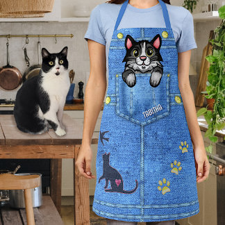 Tuxedo Cat in Faux Denim Pocket with Custom Name Apron