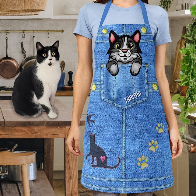 Tuxedo Cat in Faux Denim Pocket with Custom Name Apron (Creator Uploaded)