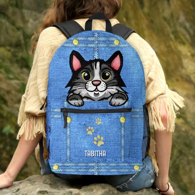 Tuxedo Cat in Faux Denim Pocket with Custom Name Printed Backpack (Creator Uploaded)