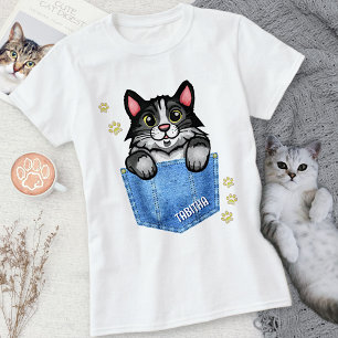 Tuxedo Cat in Faux Denim Pocket with Custom Name T-Shirt