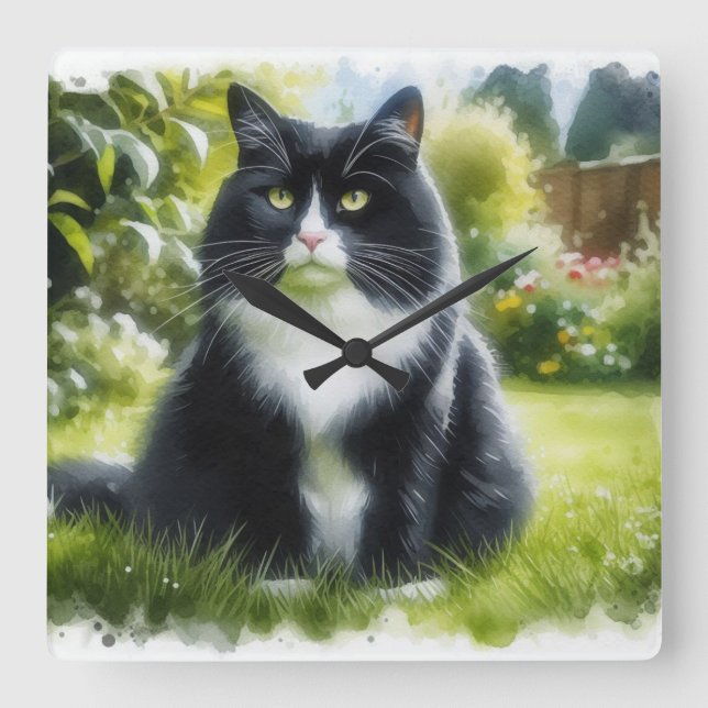Tuxedo Cat in Garden Watercolor Wall Clock (Front)