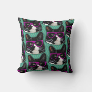 Tuxedo Cat In Glasses Fun Pattern Cushion