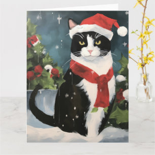Tuxedo Cat in Snow Christmas Card