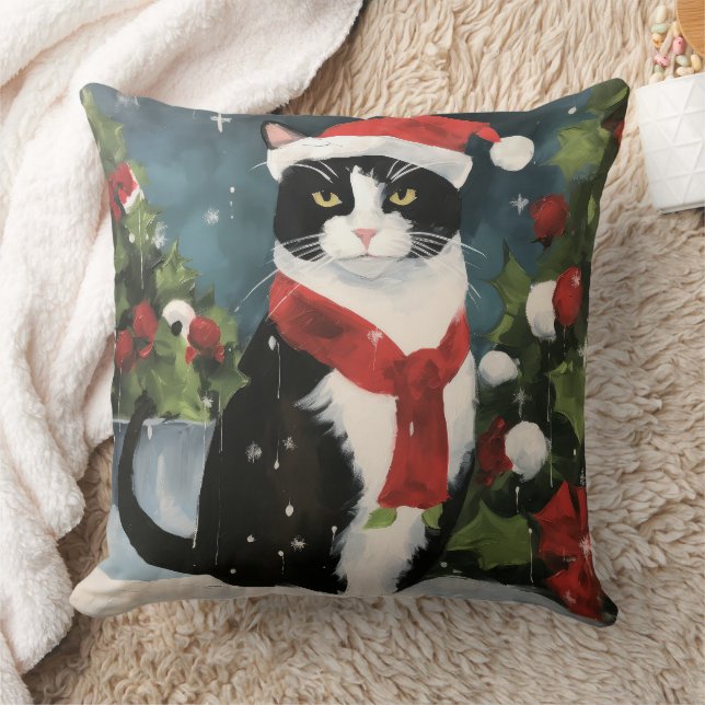Tuxedo Cat in Snow Christmas Cushion (Blanket)