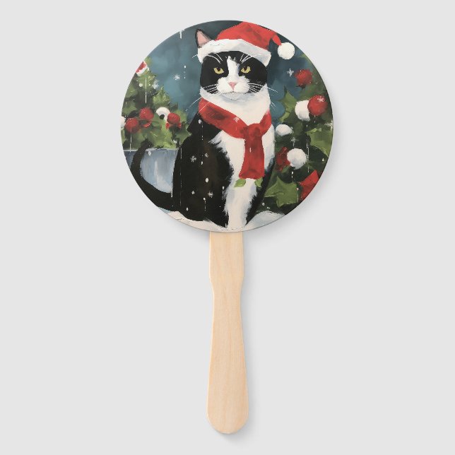 Tuxedo Cat in Snow Christmas Hand Fan (Front)