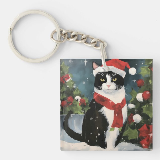 Tuxedo Cat in Snow Christmas Key Ring (Front)
